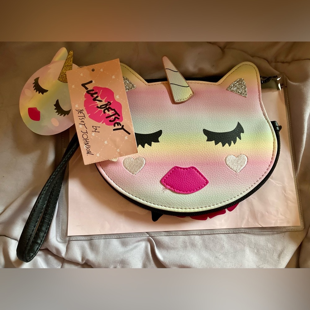 Luv Betsey Johnson Cat Unicorn Rainbow Zipper Purse Plus Clear Pouch NEW OTHER